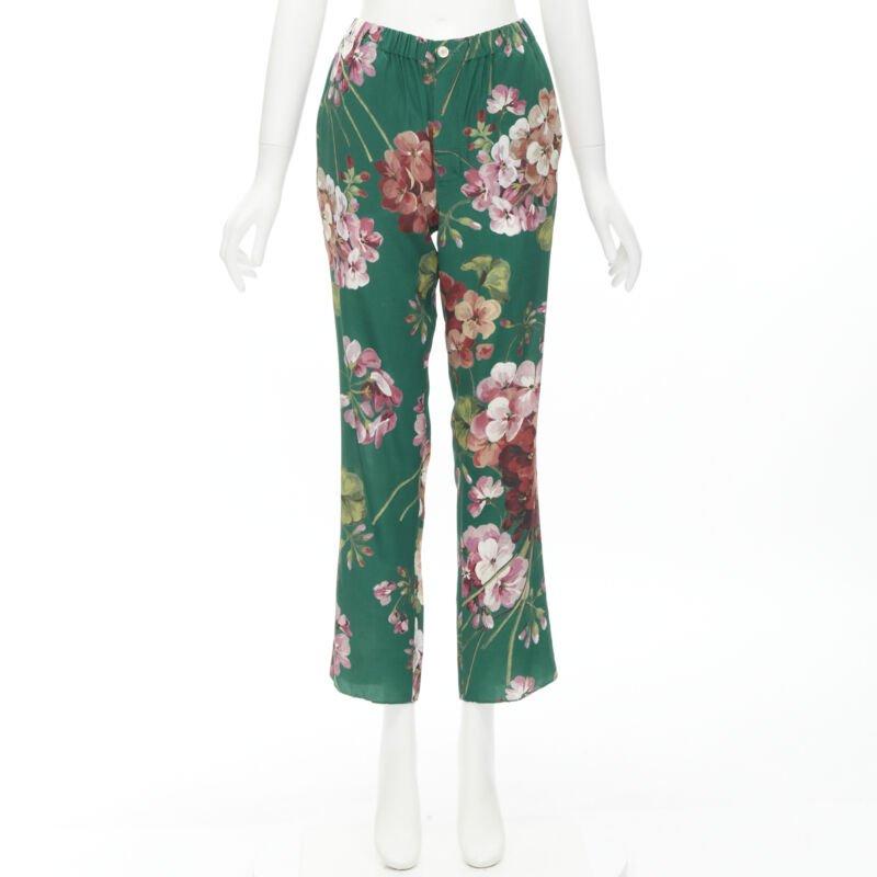 GUCCI 100% silk Blooms green pink floral print pajama pants IT36 XS For Sale 4