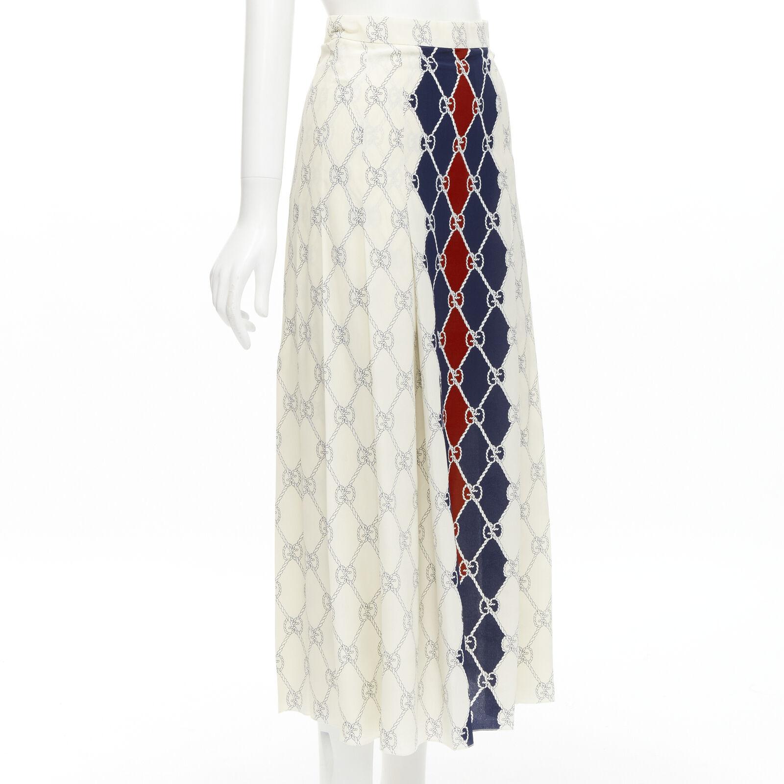Gray GUCCI 100% silk blue red Rhombus GG Supreme rope monogram pleated skirt IT38 XS For Sale