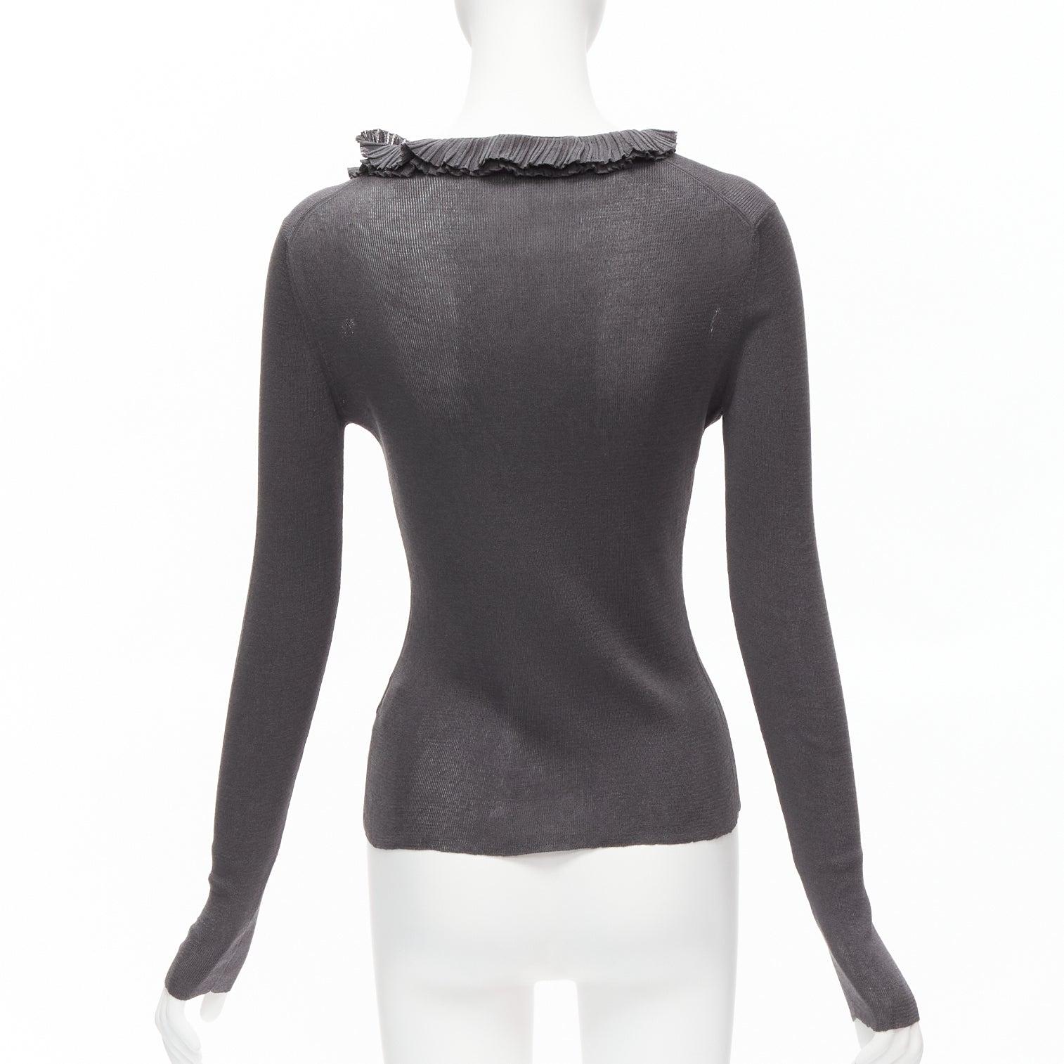 GUCCI 100% silk grey asymmetric ruffle collar long sleeve top IT44 L 1