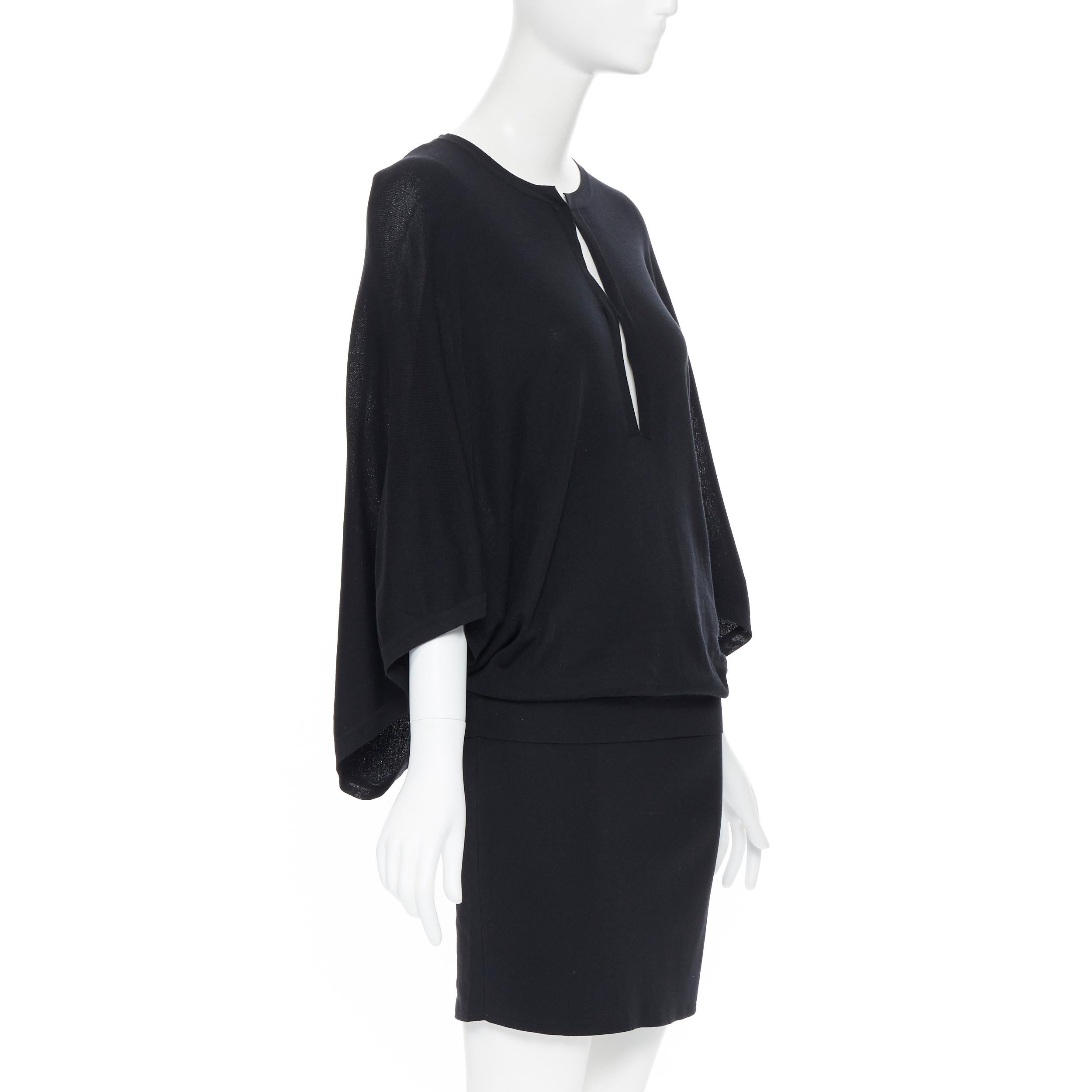 Black GUCCI 100% silk knitted kyehole front kimono batwing cape sleeve draped dress M