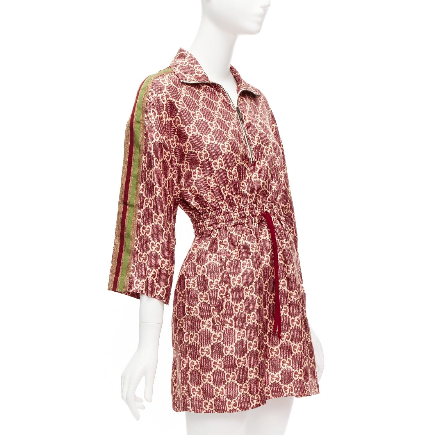Pink GUCCI 100% silk red beige GG supreme monogram print web trim mini dress XXS For Sale