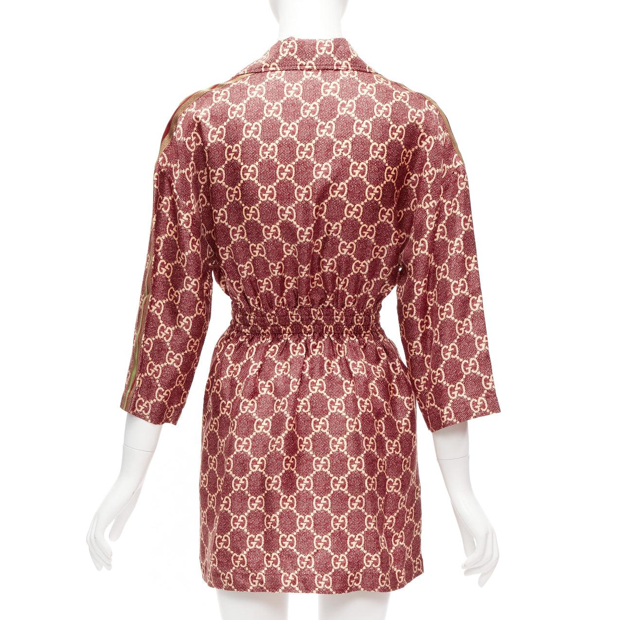 Women's GUCCI 100% silk red beige GG supreme monogram print web trim mini dress XXS For Sale