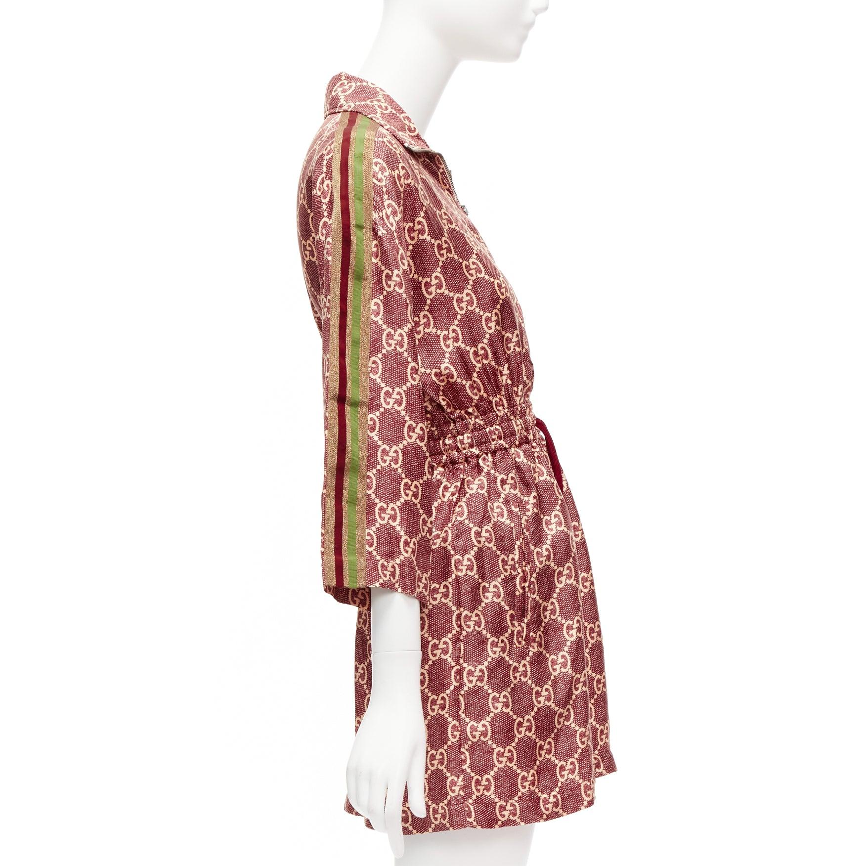 GUCCI 100% silk red beige GG supreme monogram print web trim mini dress XXS In Excellent Condition For Sale In Hong Kong, NT