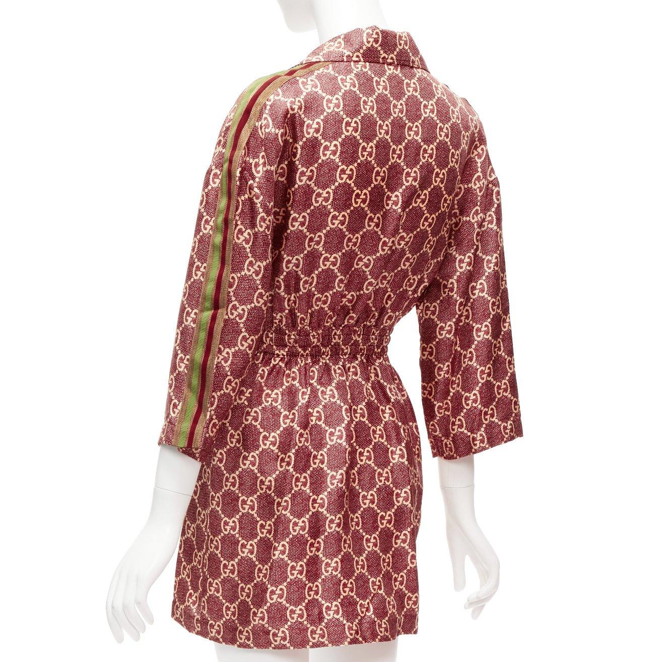 GUCCI 100% silk red beige GG supreme monogram print web trim mini dress XXS For Sale 1