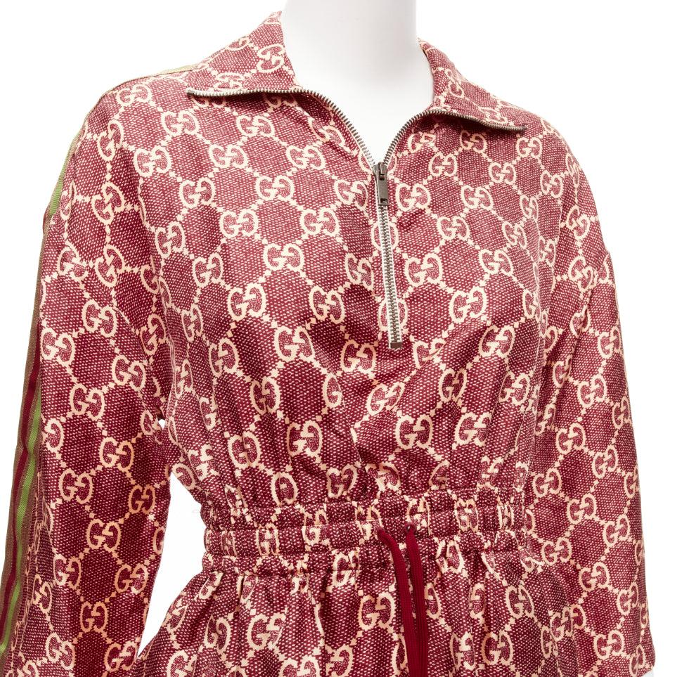 GUCCI 100% silk red beige GG supreme monogram print web trim mini dress XXS For Sale 3