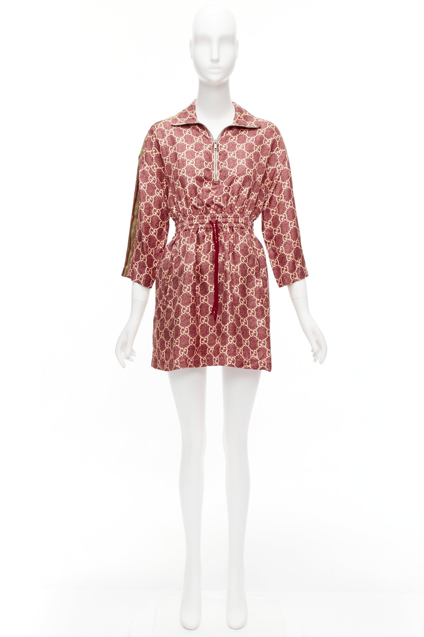 GUCCI 100% silk red beige GG supreme monogram print web trim mini dress XXS For Sale 4