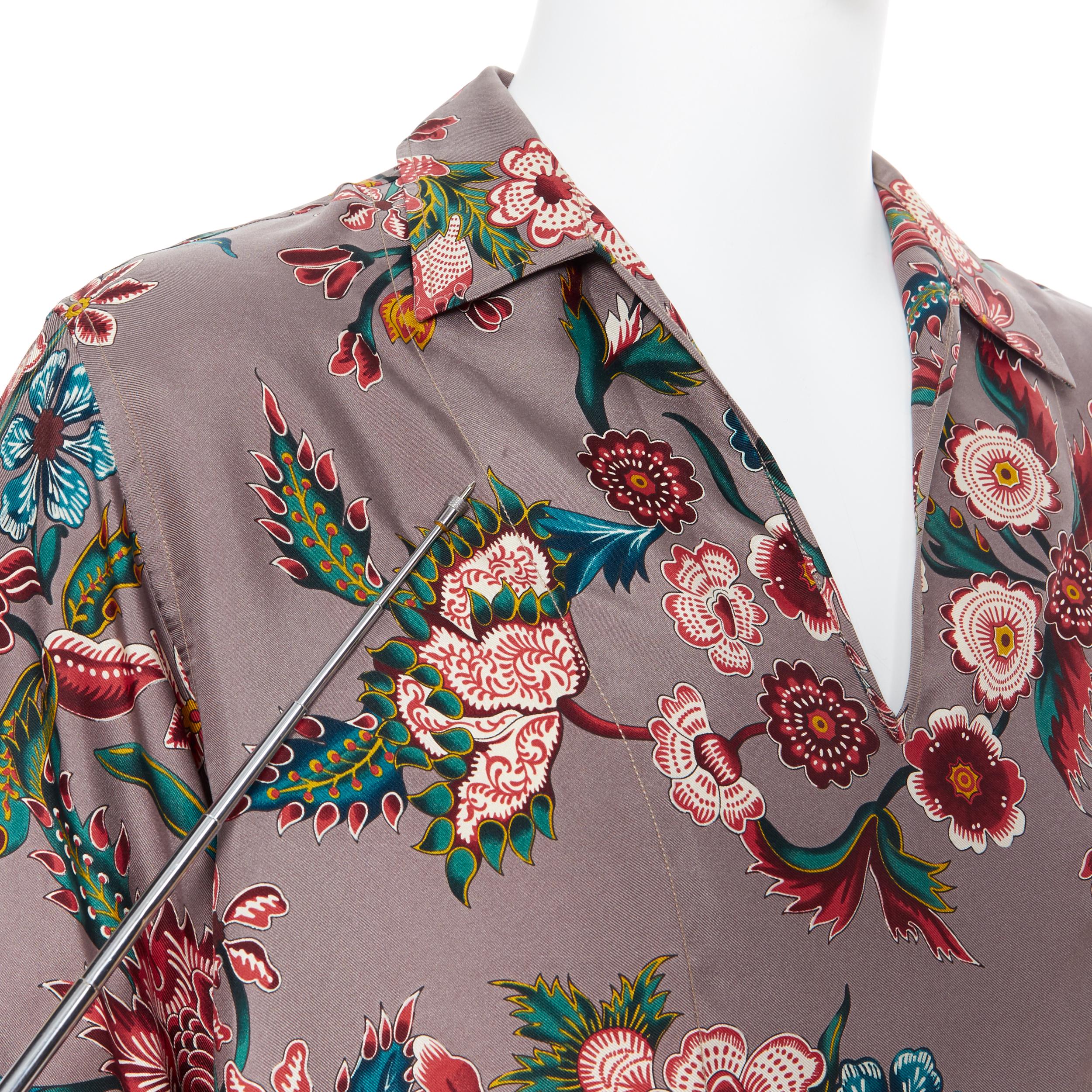 GUCCI 100% silk taupe grey floral print raw frayed hem popover casual shirt EU39 3