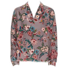 GUCCI 100% silk taupe grey floral print raw frayed hem popover casual shirt EU39