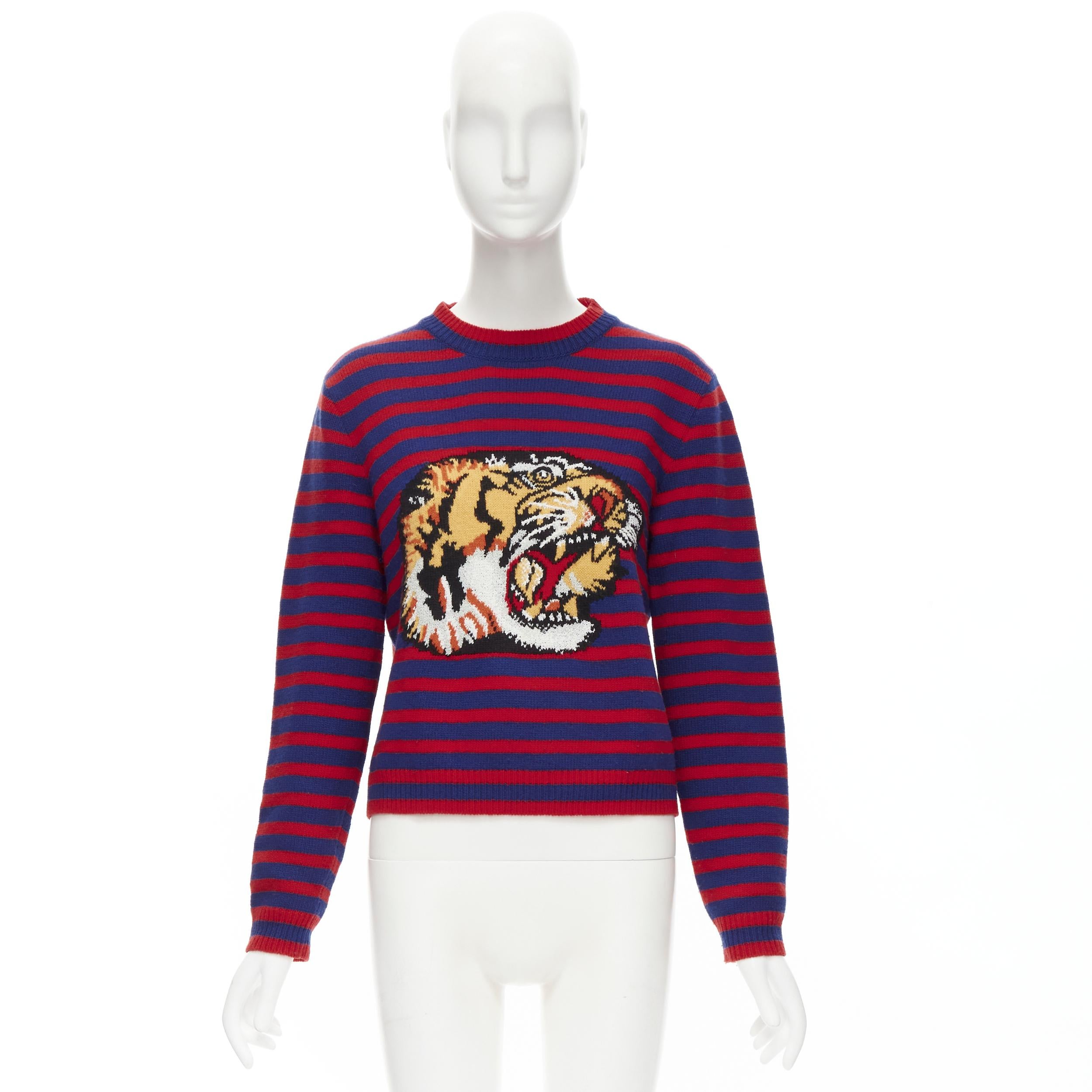 GUCCI 100% wool blue red striped Tiger embroidery long sleeve sweater S For Sale 3