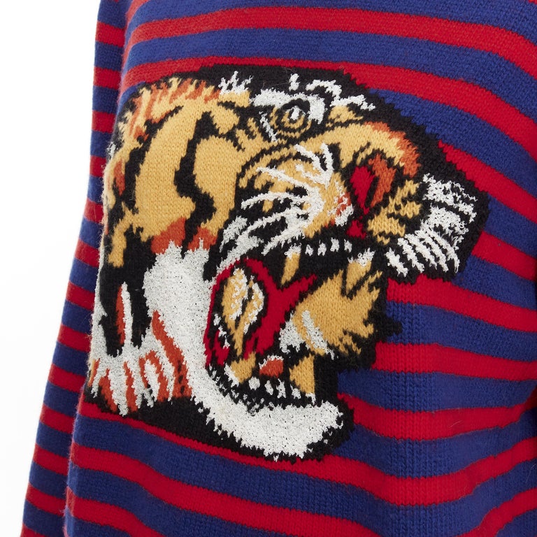 GUCCI 100% wool blue red striped Tiger embroidery long sleeve jumper S For  Sale at 1stDibs
