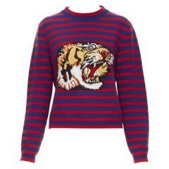 GUCCI 100% wool blue red striped Tiger embroidery long sleeve sweater S