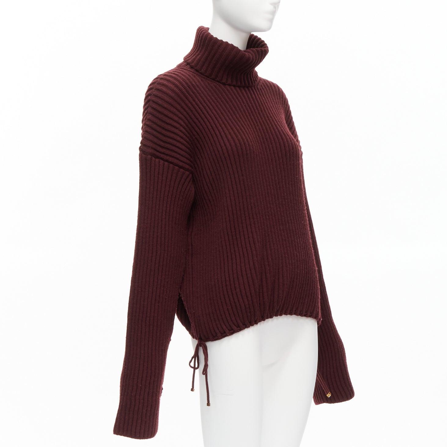 GUCCI 100% wool burgundy brown tie side drop sleeve turtleneck jumper IT38 XS In Good Condition For Sale In Hong Kong, NT