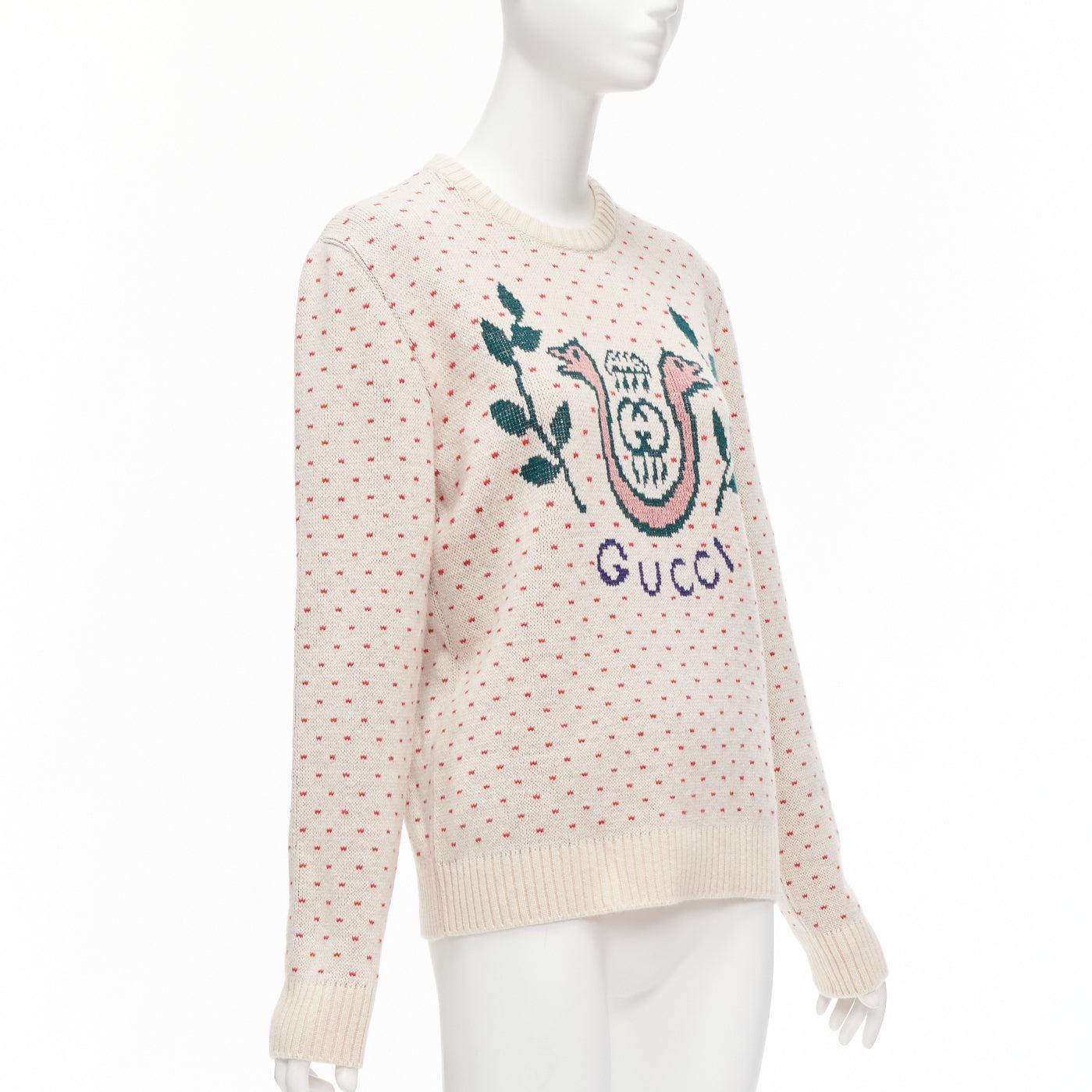 GUCCI 100% wool cream red fairisle vintage Crest logo intarsia sweater top XS In Excellent Condition For Sale In Hong Kong, NT