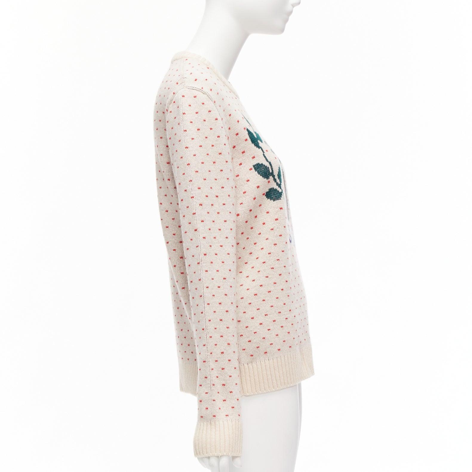 GUCCI 100% wool cream red fairisle vintage Crest logo intarsia sweater top XS In Excellent Condition For Sale In Hong Kong, NT