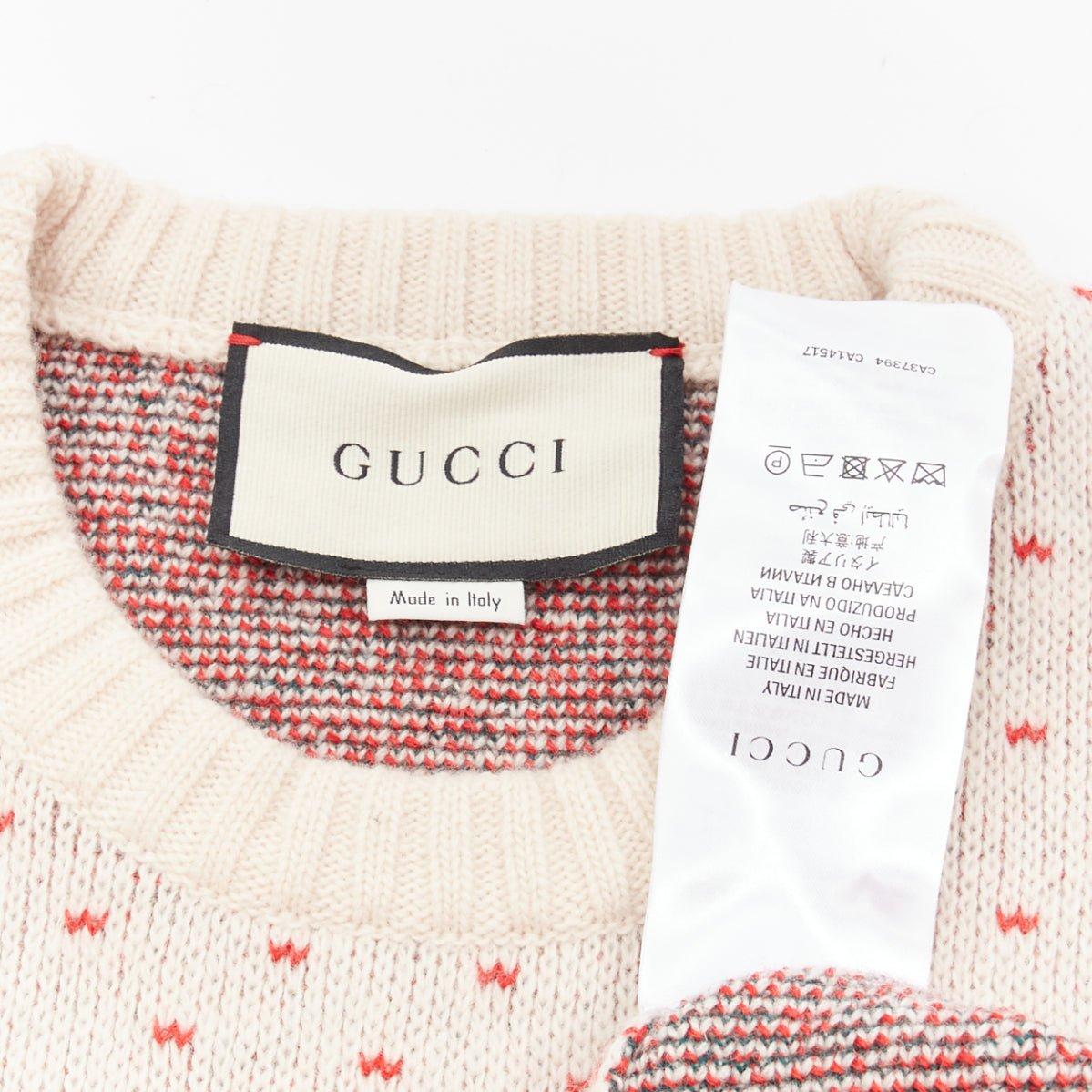 GUCCI 100% wool cream red fairisle vintage Crest logo intarsia sweater top XS For Sale 3