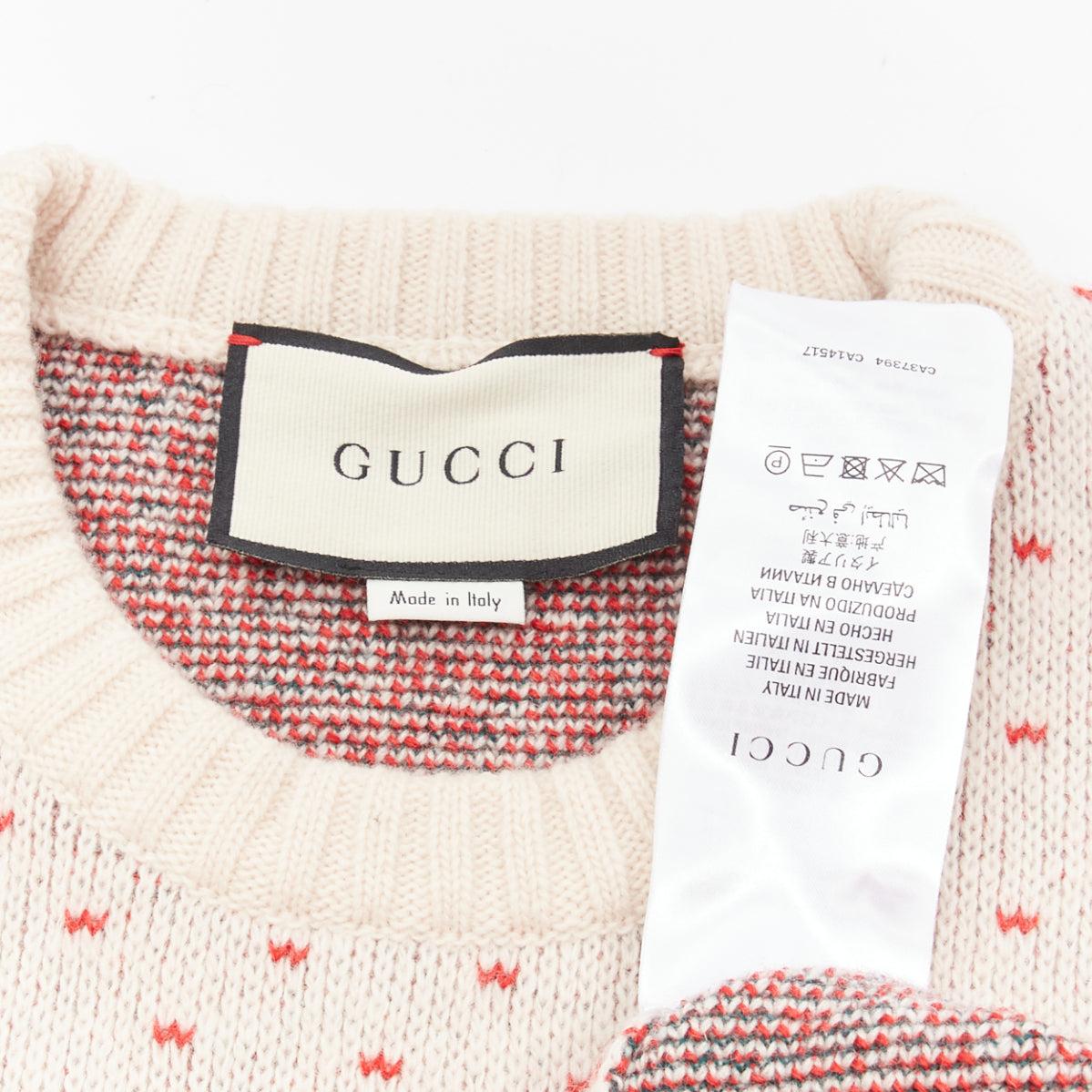 GUCCI 100% wool cream red fairisle vintage Crest logo intarsia sweater top XS For Sale 4