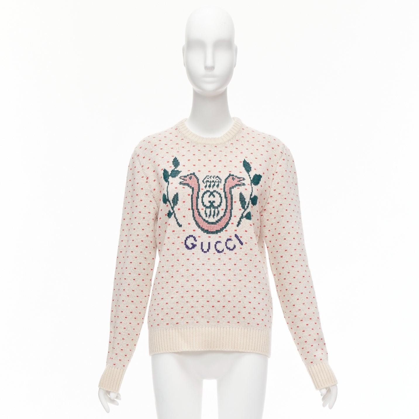 GUCCI 100% wool cream red fairisle vintage Crest logo intarsia sweater top XS For Sale 4