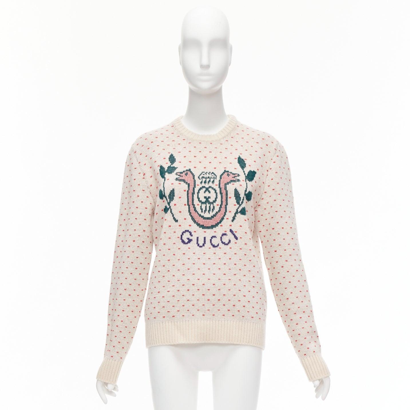 GUCCI 100% wool cream red fairisle vintage Crest logo intarsia sweater top XS For Sale 5
