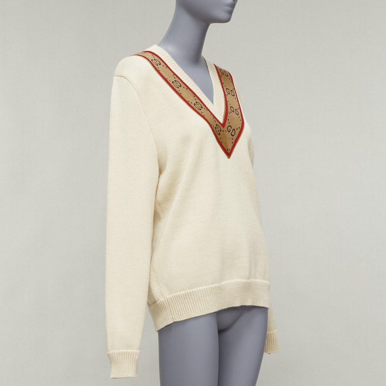 GUCCI 100% wool cream Vintage GG monogram V-neck varsity sweater S
Reference: AAWC/A00638
Brand: Gucci
Designer: Alessandro Michele
Material: Wool
Color: Cream, Brown
Pattern: Monogram
Closure: Slip On
Made in: Italy

CONDITION:
Condition: