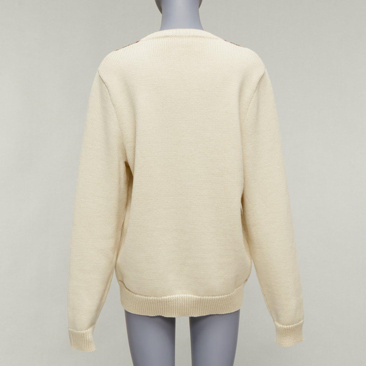 GUCCI 100% Wolle Creme Vintage GG Monogramm V-Ausschnitt Varsity Pullover S Damen im Angebot