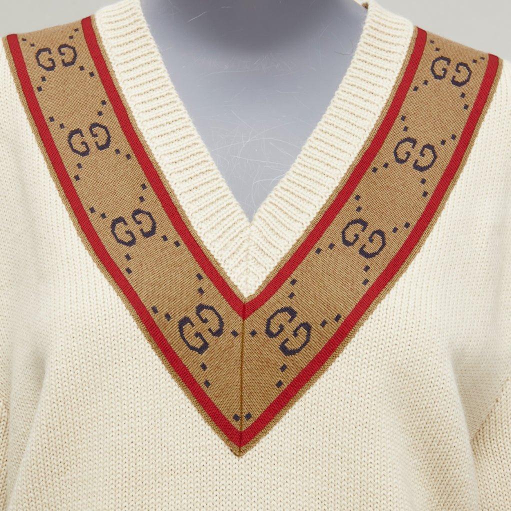GUCCI 100% wool cream Vintage GG monogram V-neck varsity sweater S For Sale 2
