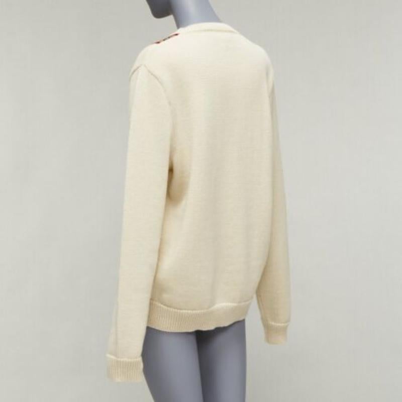 GUCCI 100% laine crème Pull Vintage GG monogramme col V Varsity S en vente 1