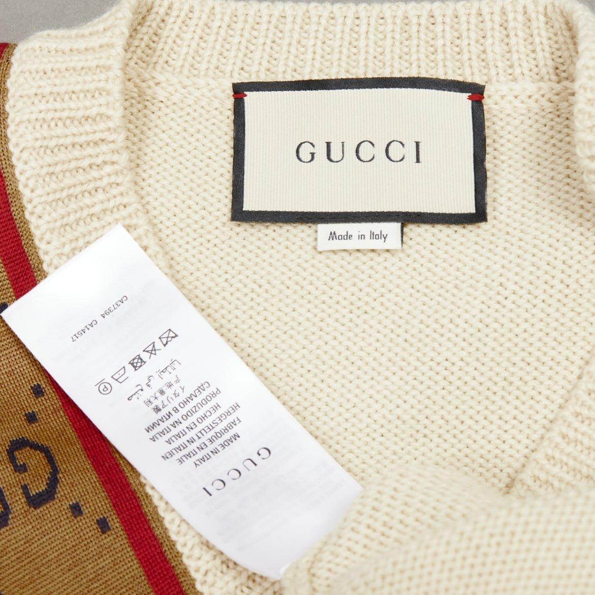 GUCCI 100% wool cream Vintage GG monogram V-neck varsity sweater S For Sale 4