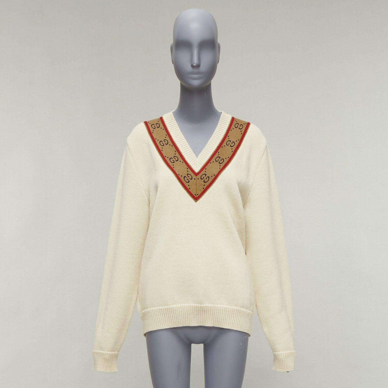 GUCCI 100% wool cream Vintage GG monogram V-neck varsity sweater S For Sale 5