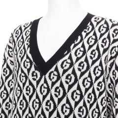 GUCCI 100% wool G Rhombus monogram black white intarsia sweater L