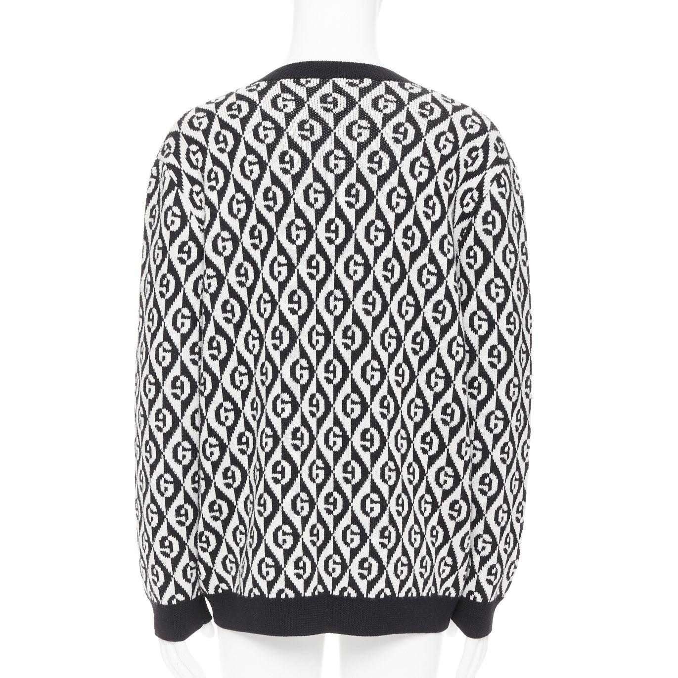 Men's GUCCI 100% wool G Rhombus monogram black white intarsia sweater L For Sale