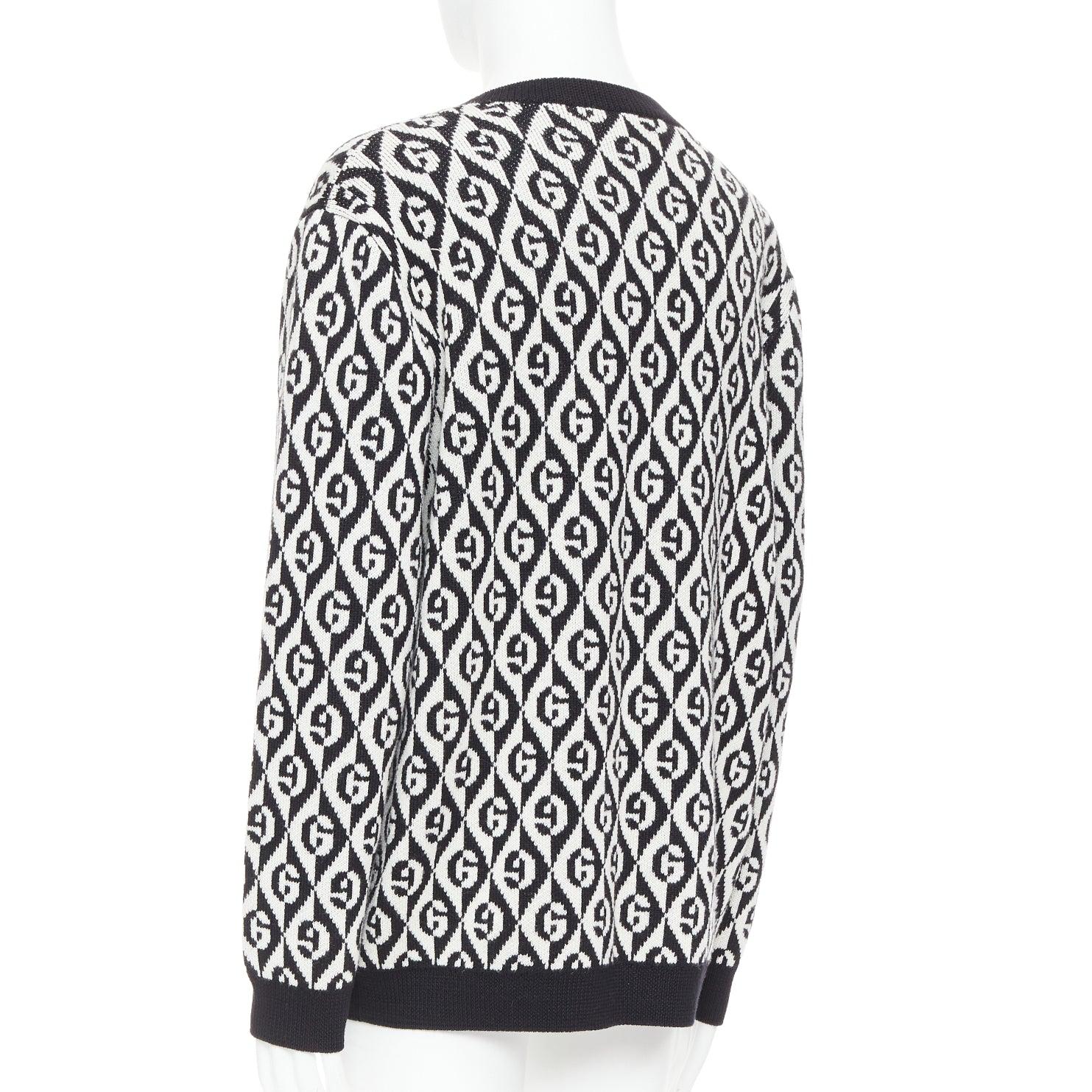 GUCCI 100% wool G Rhombus monogram black white intarsia sweater L For Sale 1