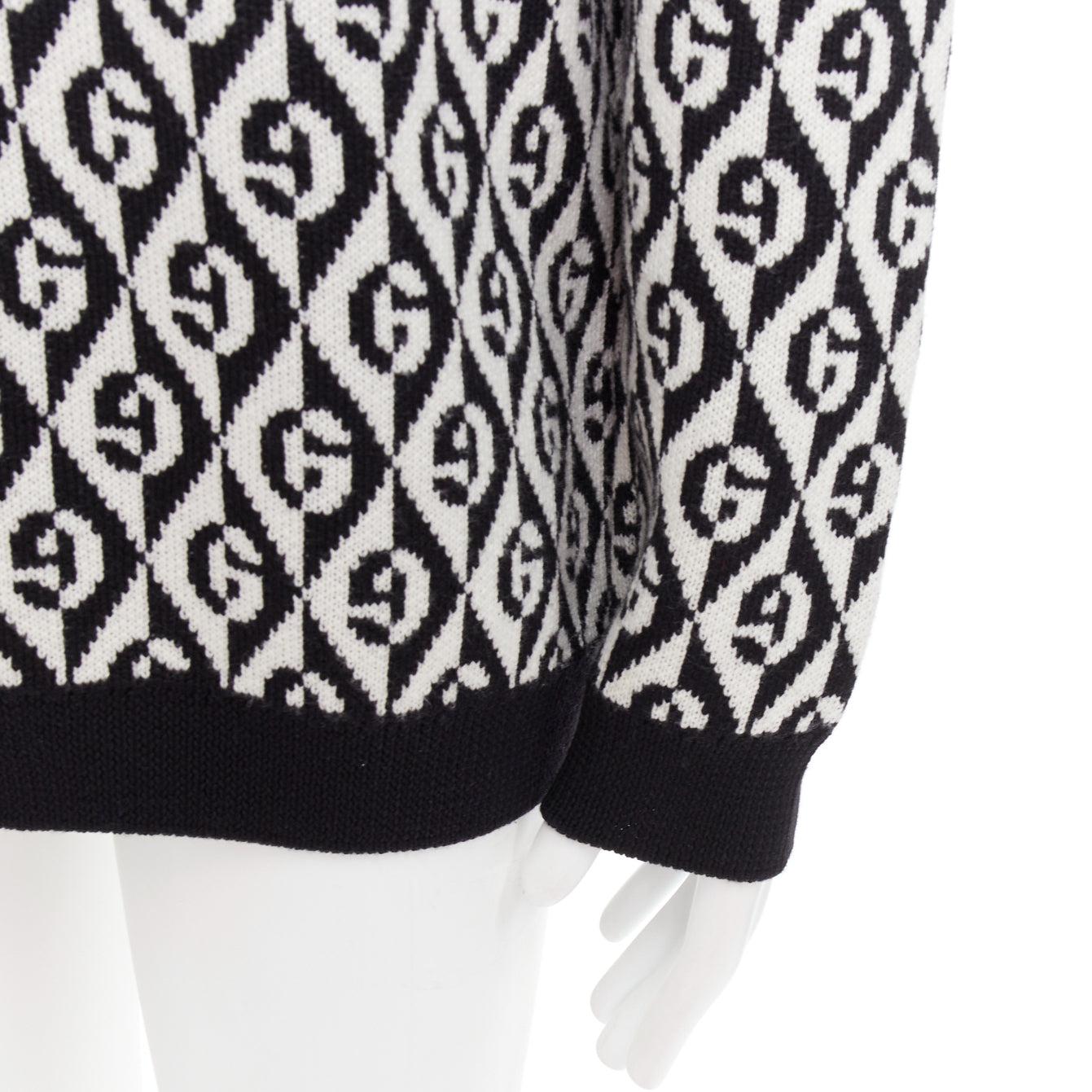GUCCI 100% wool G Rhombus monogram black white intarsia sweater L For Sale 2