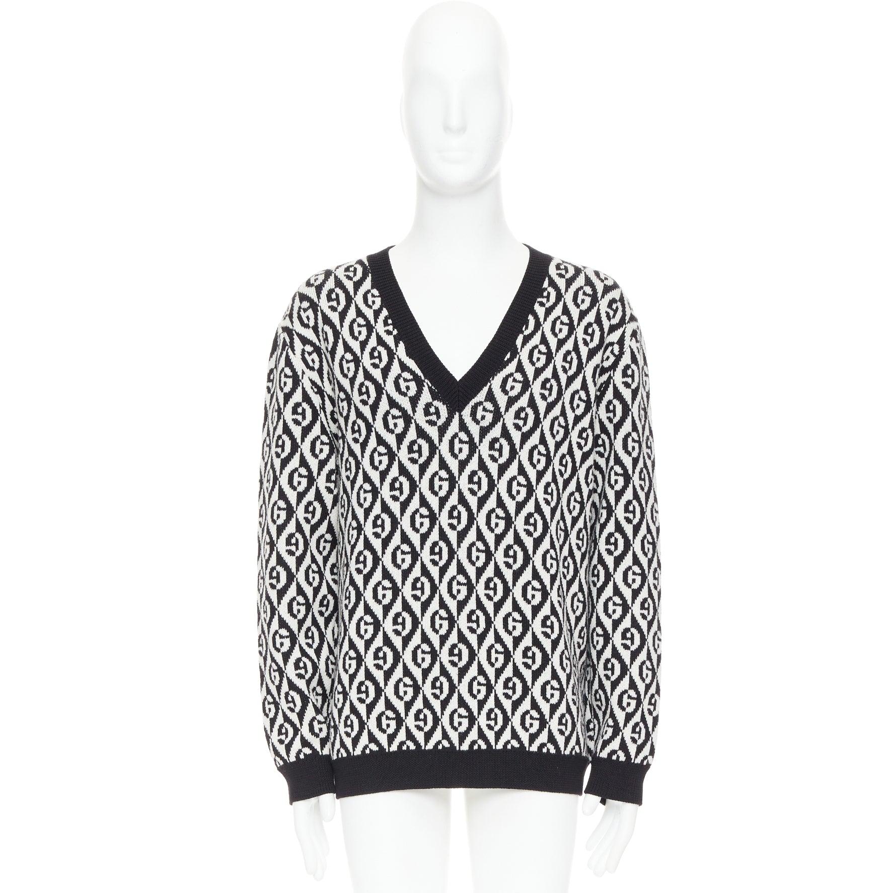 GUCCI 100% wool G Rhombus monogram black white intarsia sweater L For Sale 4