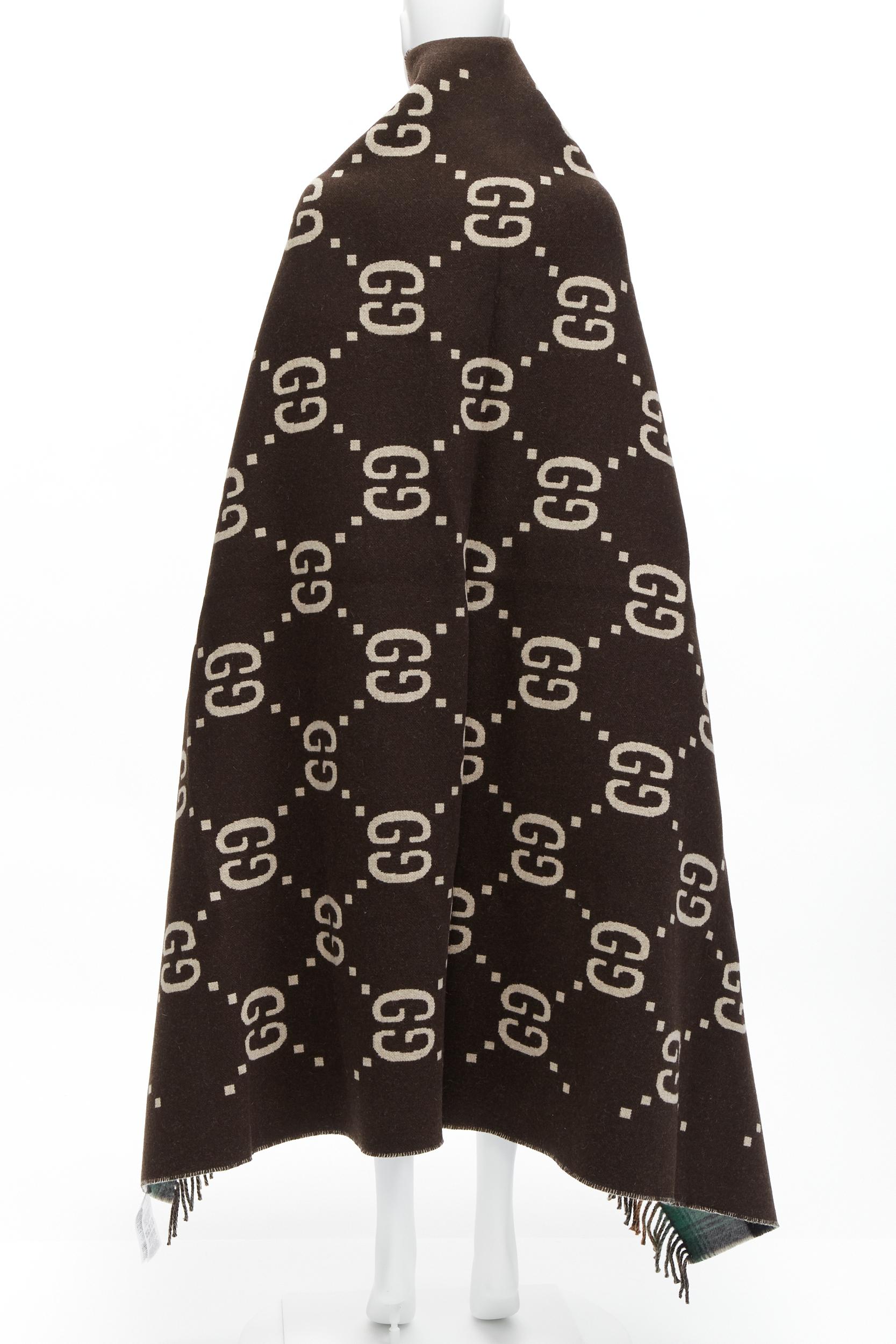 Women's GUCCI 100% wool green red plaid tartan brown GG monogram blanket scarf For Sale