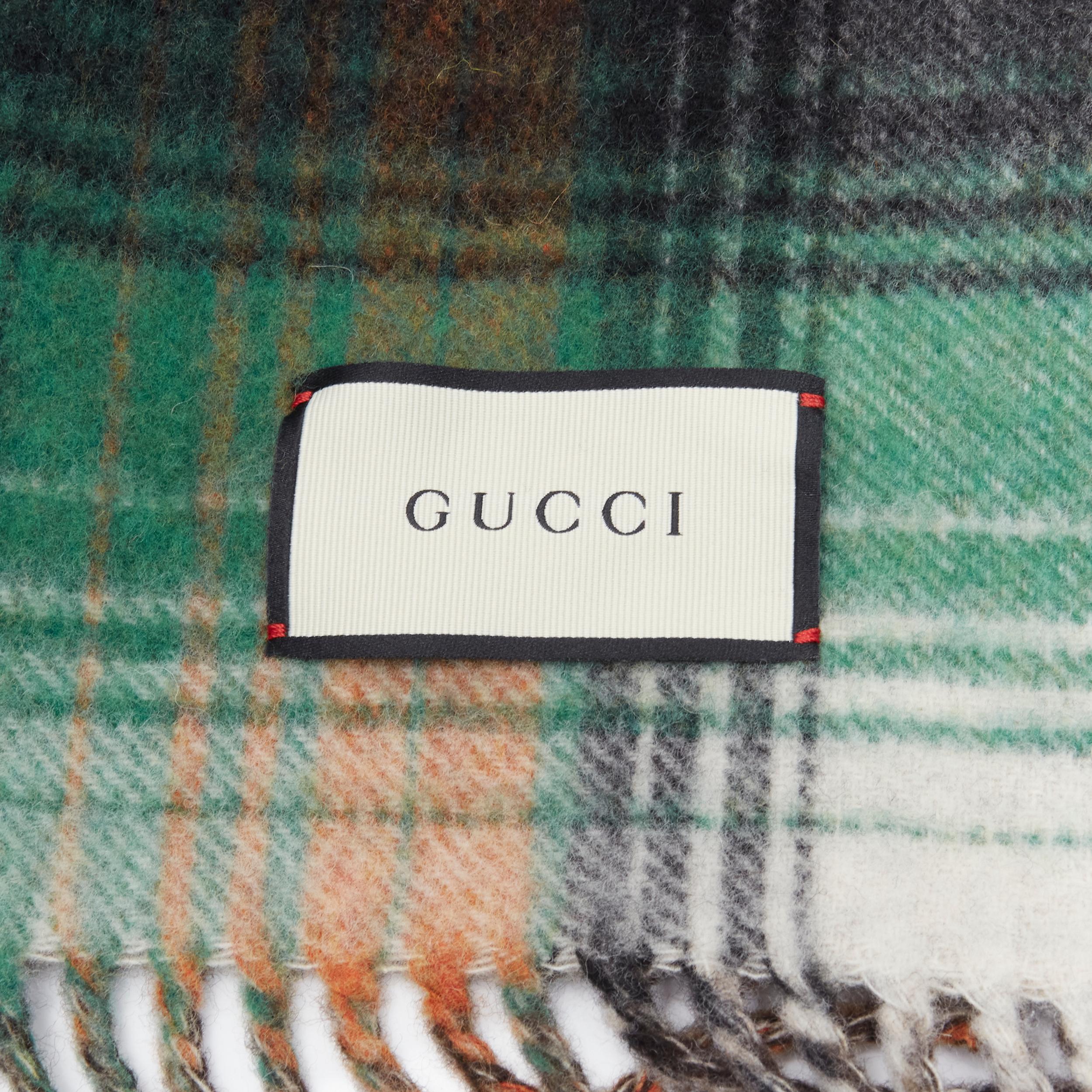 GUCCI 100% wool green red plaid tartan brown GG monogram blanket scarf For Sale 3