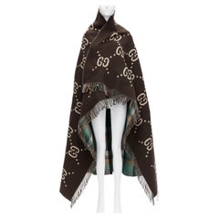 GUCCI 100% wool green red plaid tartan brown GG monogram blanket scarf