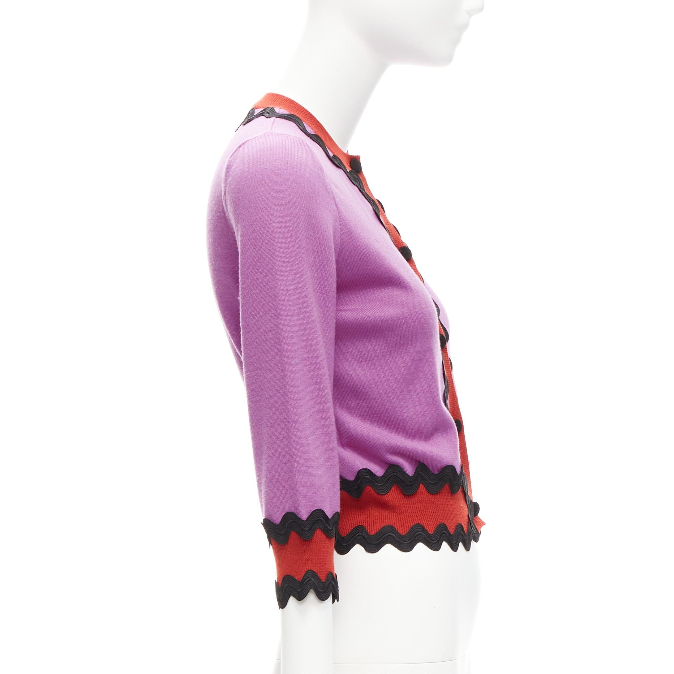 GUCCI 100% wool purple red black wavy trims cropped cardigan S In Good Condition For Sale In Hong Kong, NT