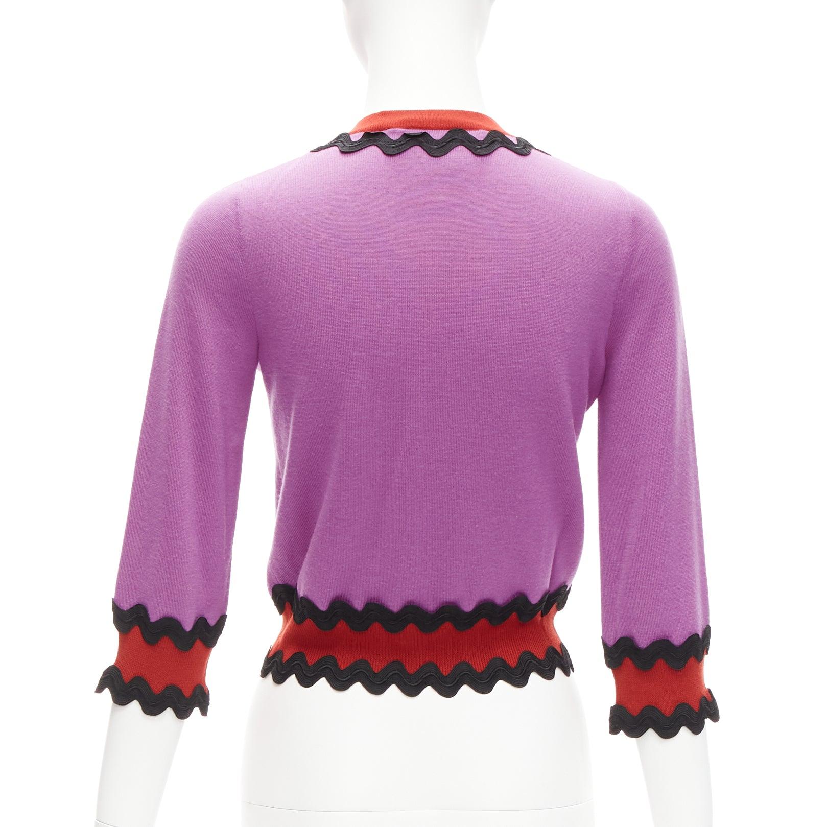 Women's GUCCI 100% wool purple red black wavy trims cropped cardigan S For Sale