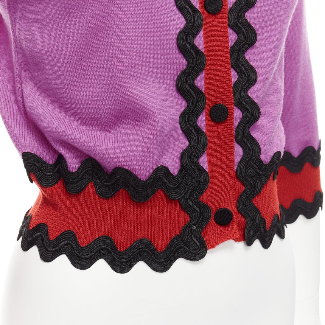 GUCCI 100% wool purple red black wavy trims cropped cardigan S For Sale 3