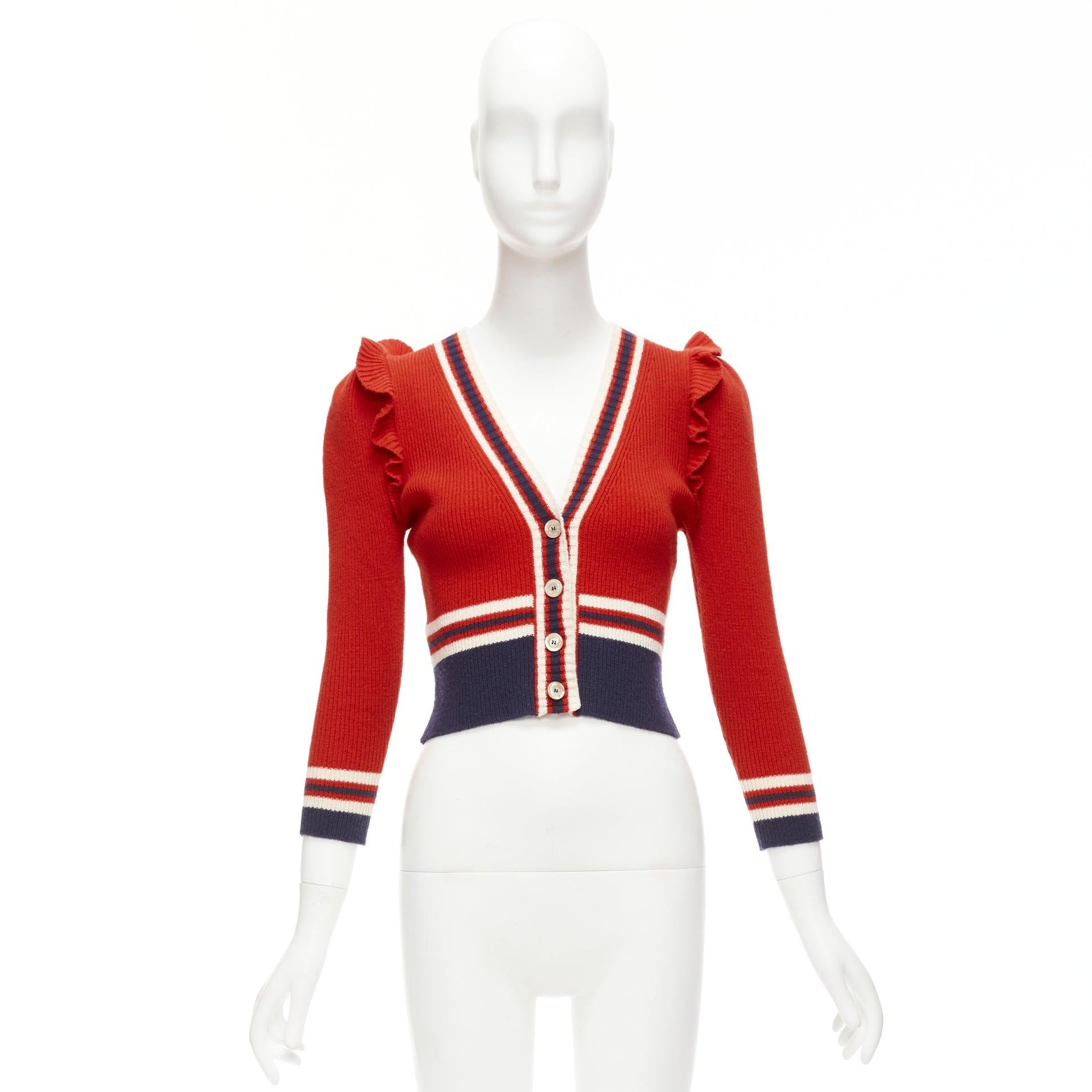 GUCCI 100% lana rojo marino ribete de volantes dobladillo acanalado chaqueta de punto XS 5