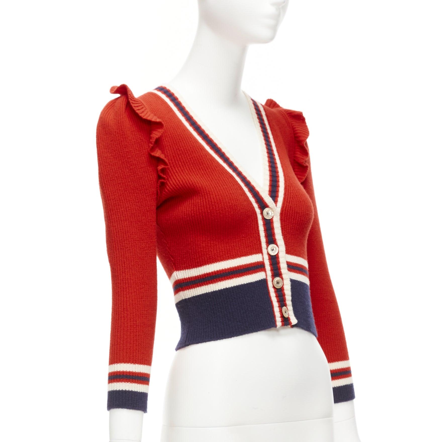 GUCCI 100% lana rojo marino ribete de volantes dobladillo acanalado chaqueta de punto XS en Excelente Estado en Hong Kong, NT