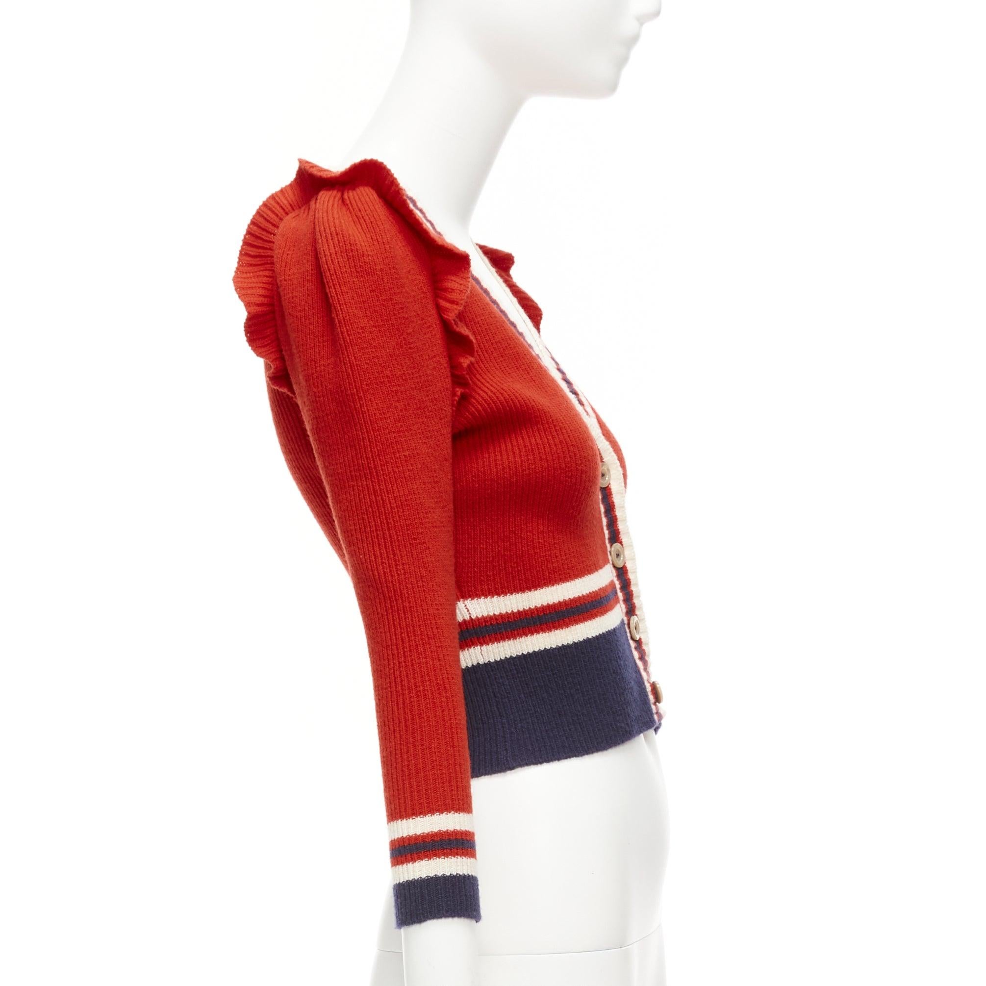 De las mujeres GUCCI 100% lana rojo marino ribete de volantes dobladillo acanalado chaqueta de punto XS