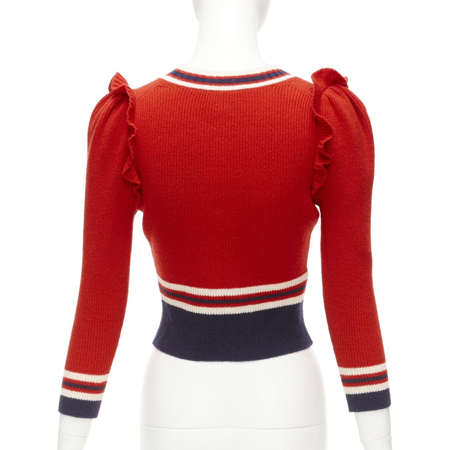 GUCCI 100% lana rojo marino ribete de volantes dobladillo acanalado chaqueta de punto XS 1