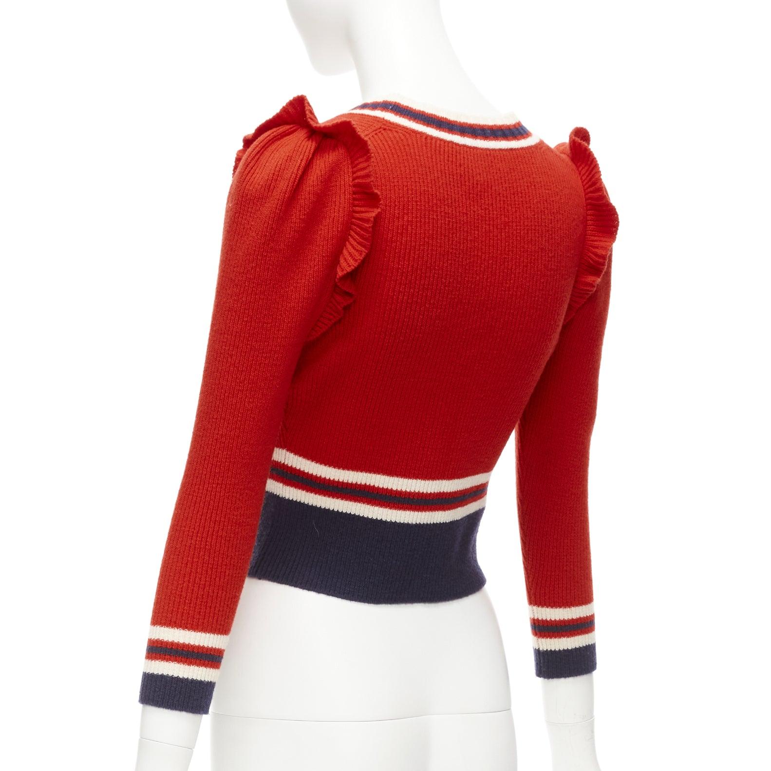 GUCCI 100% lana rojo marino ribete de volantes dobladillo acanalado chaqueta de punto XS 2