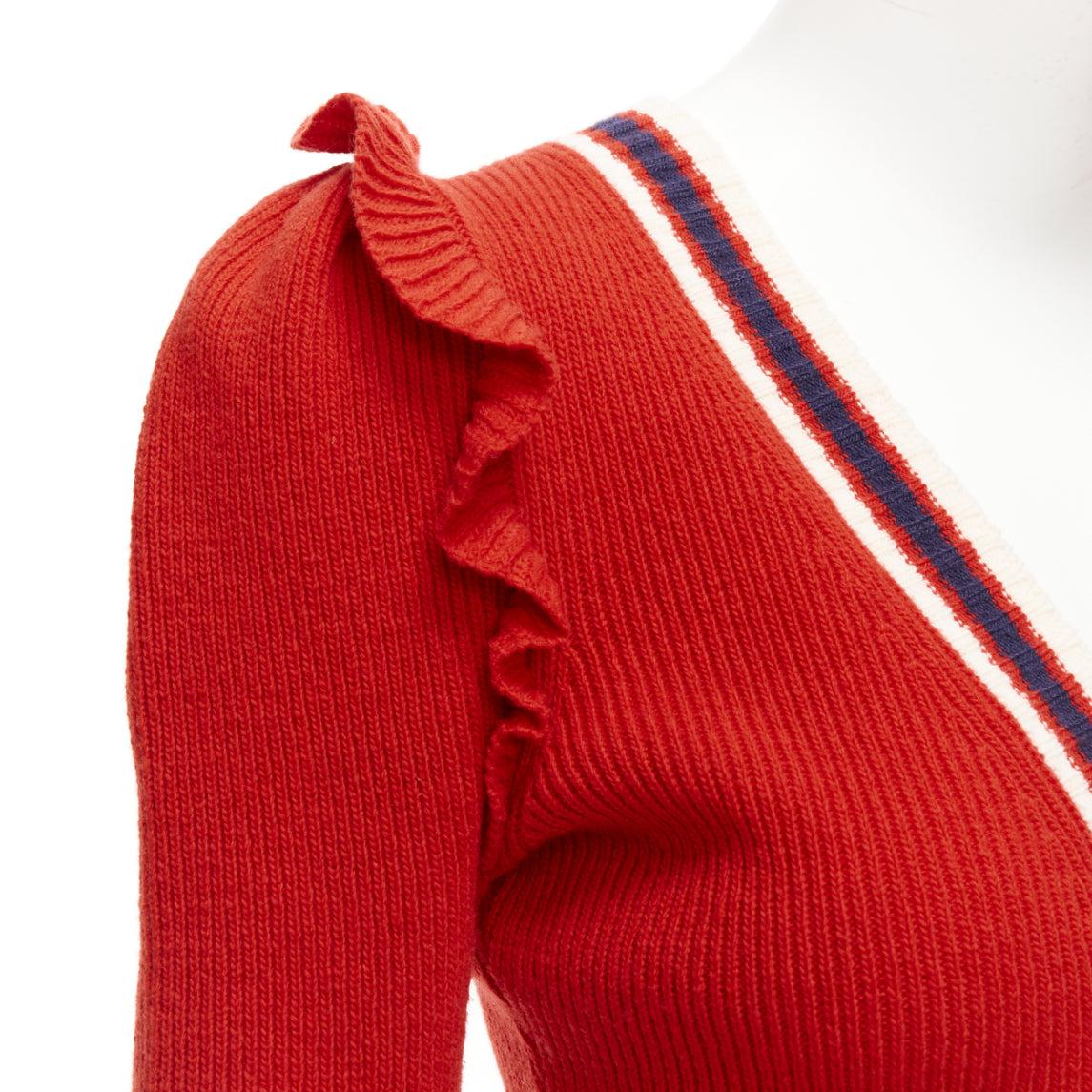 GUCCI 100% lana rojo marino ribete de volantes dobladillo acanalado chaqueta de punto XS 3