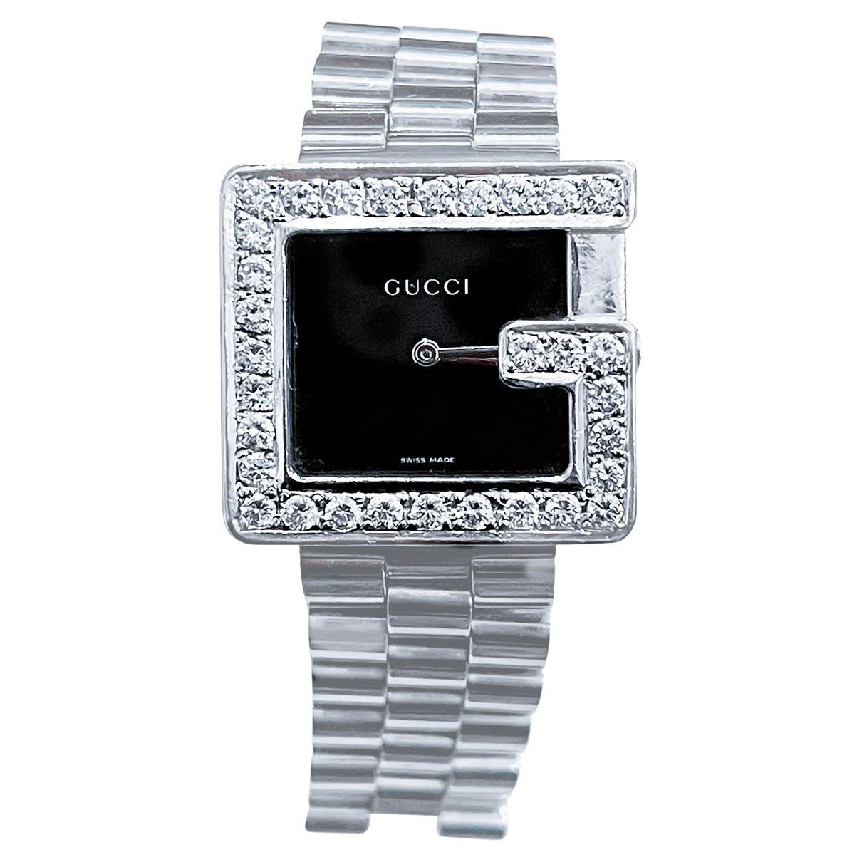 Gucci 100M Steel Rectangular Custom Diamond G-Bezel Black Dial Unisex Watch