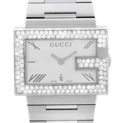 Gucci 100M Steel Rectangular Custom Diamond G-Bezel White Dial Unisex Watch