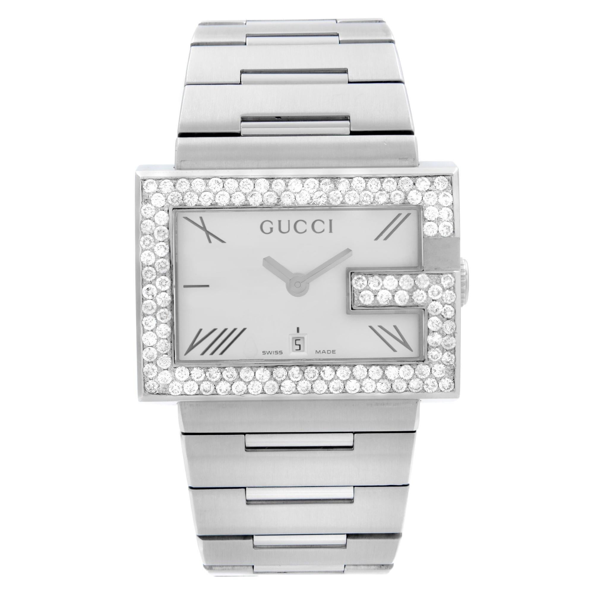 Gucci 100M Steel Rectangular Custom Diamond G-Bezel White Dial Unisex Watch