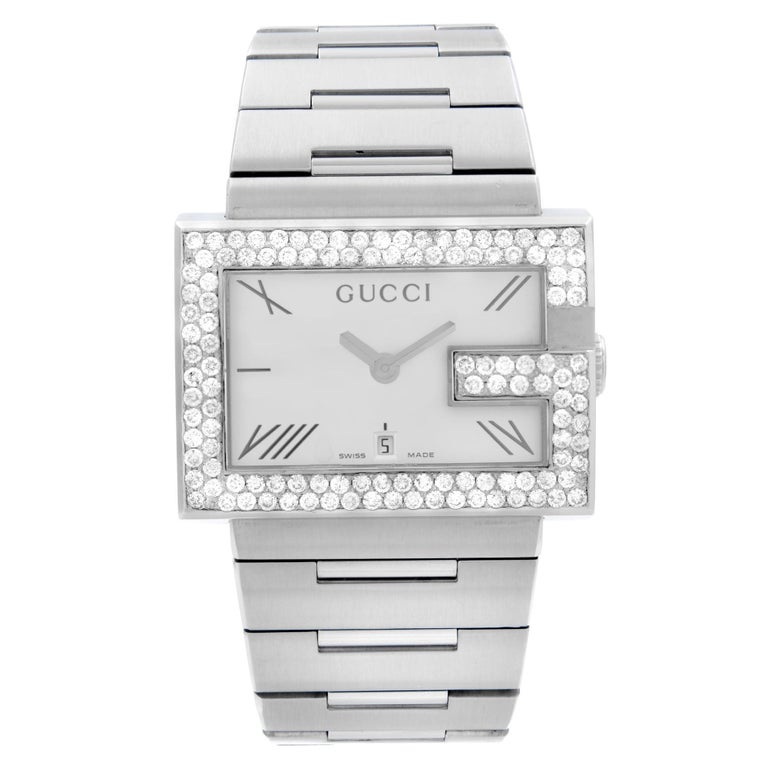 Gucci 100M Steel Rectangular Custom Diamond G-Bezel White Dial Unisex Watch  at 1stDibs