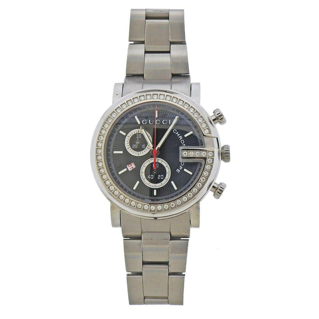 Stainless Steel quartz ladies chronograph diamond watch made by Gucci. Case 44mm, Band will fit up to 8.5
